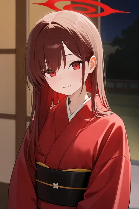 1 girl, Hair length reaches the back, Brown hair and red hair on the edges of the hair, red eyes, but not bright, Wear a kimono suit, หน้าอกไซส์ปานกลาง, have a red halo