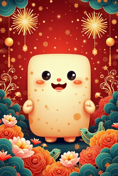 Make me a greeting square happy chinese new year 2025 word, with complex vector art and snake and fireworks ornament