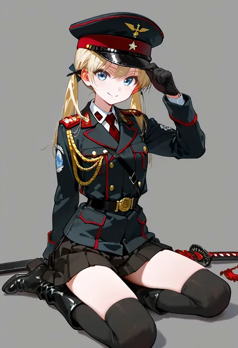  beautiful girl,smile,Skinny girl , small tits, light blue eyes, blonde twin tail ,long-twintail, black military uniform,dark red tie ,black soft hat with golden stars, Black Boots , black gloves, BLACK PLEATED SKIRT , Japanese sword,aiguillette,Epaulette,...