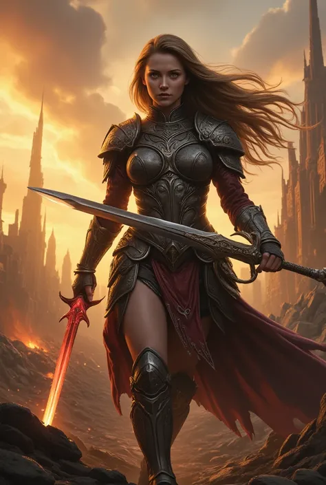  A legendary female warrior with flowing hair ,  dress in intricate , heavy armor, wield an incredible , bright sword. SUA,  glowing eyes pierce the apocalyptic environment ,  filled with ruins and burning skies .  The scene captures the essence of her pow...