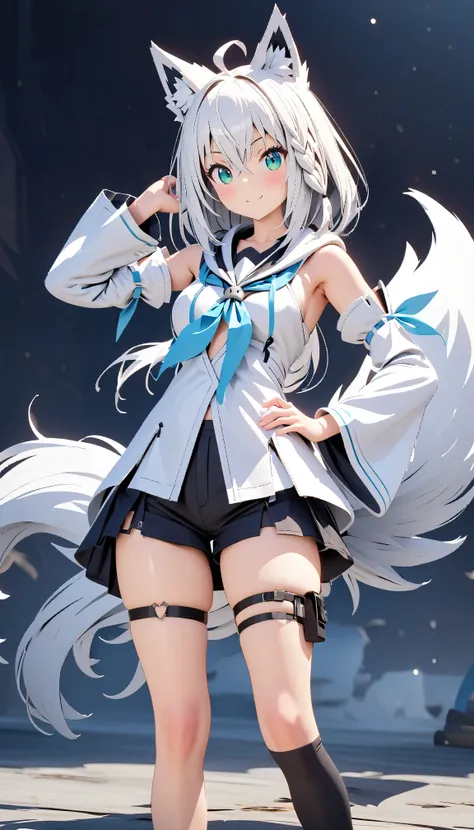 (masterpiece:1.2), (  top quality:1.2),   super high resolution,   very detailed, Shirakami Fubuki, white hair,ahoge,detached sleeves,green eyes,braid,hair between eyes,bangs,blue  neckerchief,hood, hoodie,long hair,white  hoodie, neckerchief,animal ear fl...