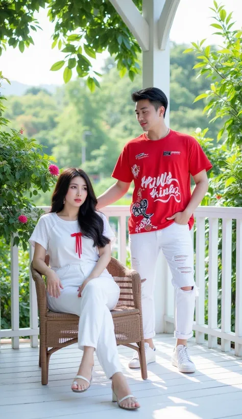  A peaceful afternoon in a lush rose garden , , which was A beautiful Pakistani-Korean-Thai woman with white skin and glossy lips , and a big tall handsome Korean man  .  of that woman has shiny lips, Chubby cheeks,  wearing a T-shirt. Feminine red, snow-w...