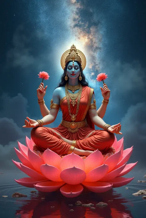 beautiful pic of mata laxmi sits with her 4 hand the back two hand are holding lotus and front two hand are in meditation position and she is adorned with traditional indian bride jewelleries along with red clothes sitting in red lotus with only right leg ...