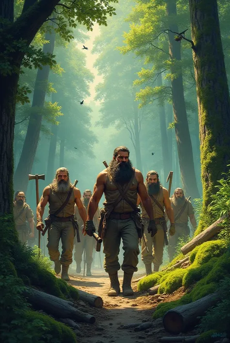 	A group of woodcutters with axes and saws entering the forest, ready to chop down trees.