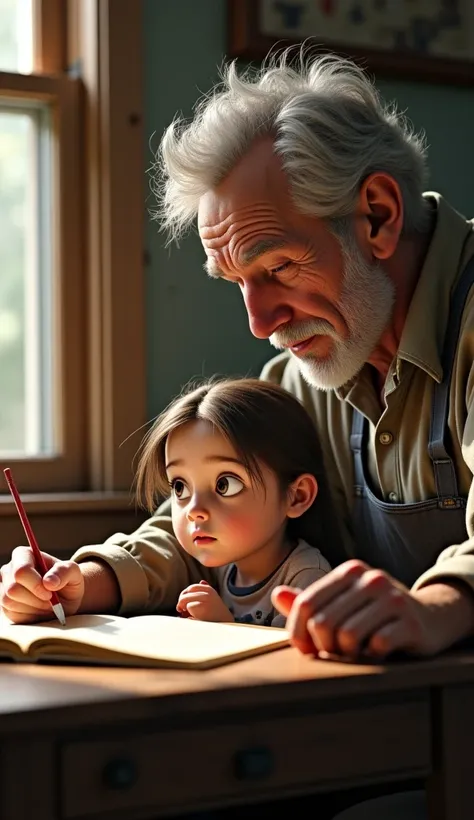 An very realistic cute girl. She is sitting at his desk, inattentive. She's old farmer father is Talking to him.