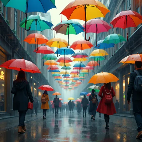 Rainy day with lots of colorful umbrellas