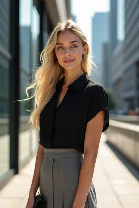 A high-quality photo of a 22-year-old beautiful rich woman with long blonde hair and white skin. she is beautiful and soft makeup. She wearing black short sleeves blouse and grey midi skirt. Holding mini black leather bag. nude high heels. long ponytail ha...