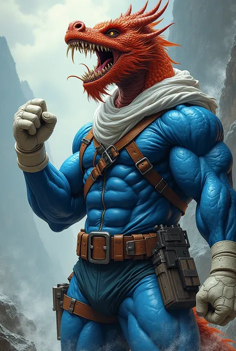 (A rugged beefy extremely muscular bulky snarling  chinese dragon), (wearing blue fully-zipped fullbody wetsuit), fist up, wearing bulky harness, wearing bulky scuba gear, wearing white hero scarf, muscular physique, toned muscles, fierce, heroic, action, ...