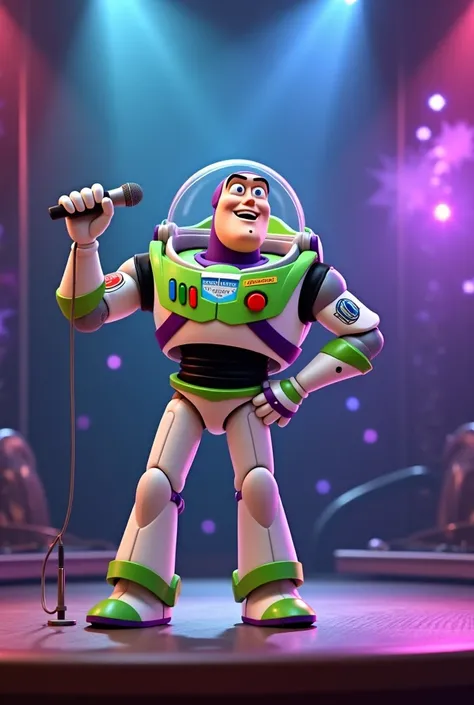 Buzz Lightyear with a microphone singing 