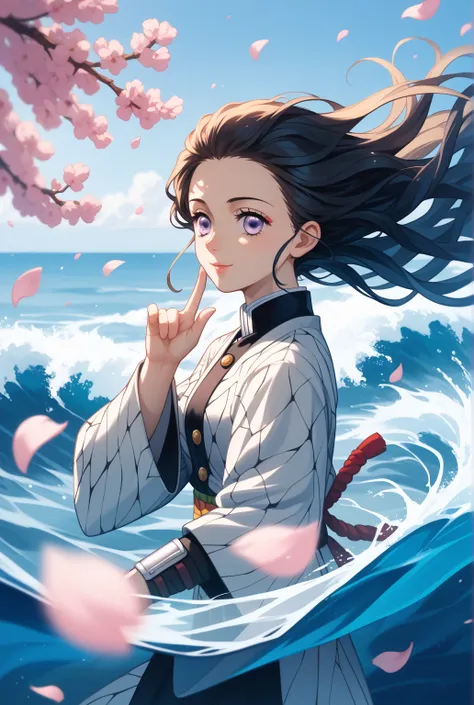 "20s young water samurai, calm expression, controlling massive yet serene waves with hand gestures. Outfit: Adventurer-style layered navy yukata with silver wave embroidery, leather arm guards, windswept hair. Environment: Expansive ocean with translucent ...