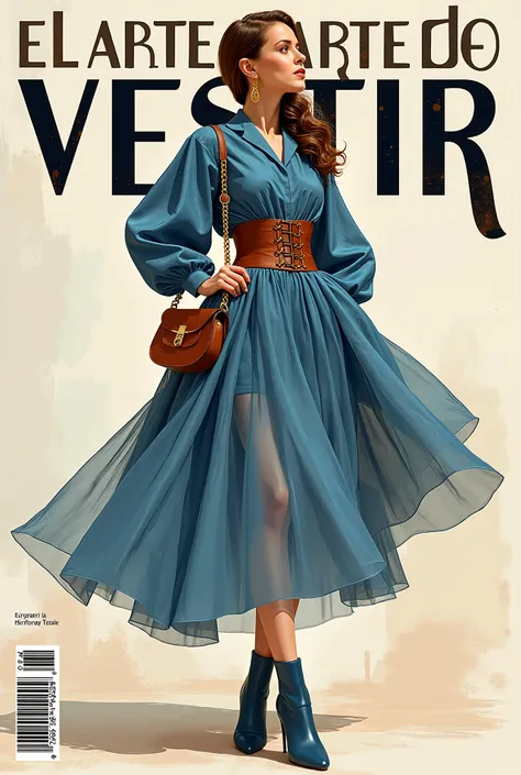 generate fashion magazine cover, illustration and design. consider blue and brown tones fused with pastel tones, the title is "El Arte de Vestir " consider an art nouveu type typography striking and make an innovative modern and sober design for a magazine...