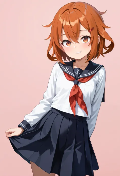  top quality,  Amazing Quality ,   very aesthetic ,   is ridiculous,
 1 girl, ikazuchi \( fleet this\),  Hair,  short hair,  brown eyes,  hair clip, tooth,
Anchor Symbol,   black sailor color,   Long Sleeve  ,  neckerchief ,  school uniform , Sera Clothing...