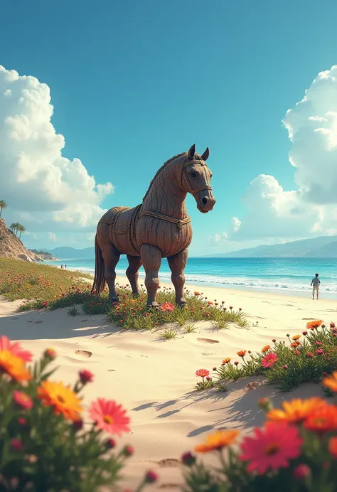   beautiful sky  ，clear sky，cloudy，beach，sand on the floor,  A Trojan horse , abandonado no meio da beach, flowers around,  Trojan soldiers looking from afar