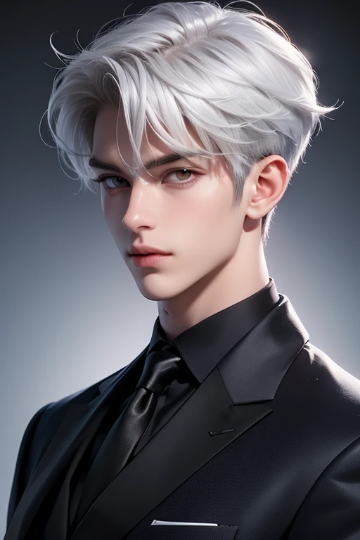 anime boy, handsome face, charming gaze, bright yellow eyes, silver white hair, formal wear, party room background, sharp eye details, sharp face details, body details, make 4k and 8k images