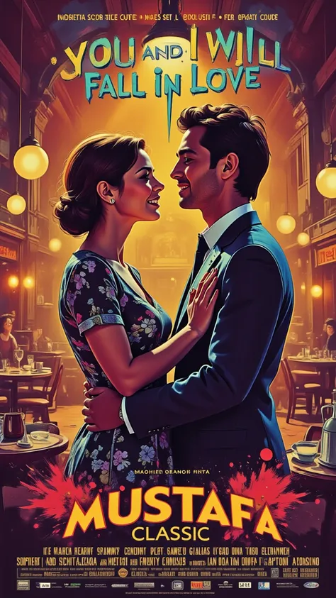 Create a sketch drawing that captures the vibrant spirit of the 1960s, reflecting the romance and charm of the era as inspired by the song  "mustafa classic" "You and I will fall in love " 
The central focus should be a couple in a tender embrace, embodyin...