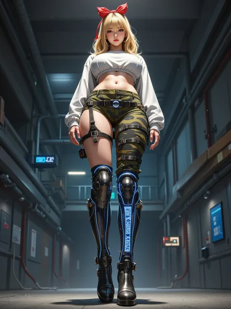 "Full-body photorealistic selfie of a confident, statuesque blonde woman with a cyberpunk aesthetic, captured from a low angle perspective in a dimly lit, industrial-style building. The image frames her entire figure from the ground up, emphasizing her tow...