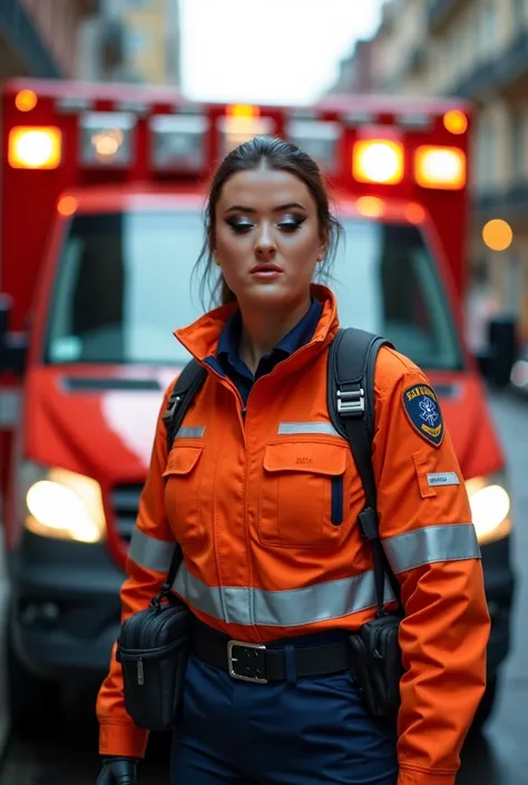 A PARAMEDIC STANDING IN FRONT OF AN AMBULANCE