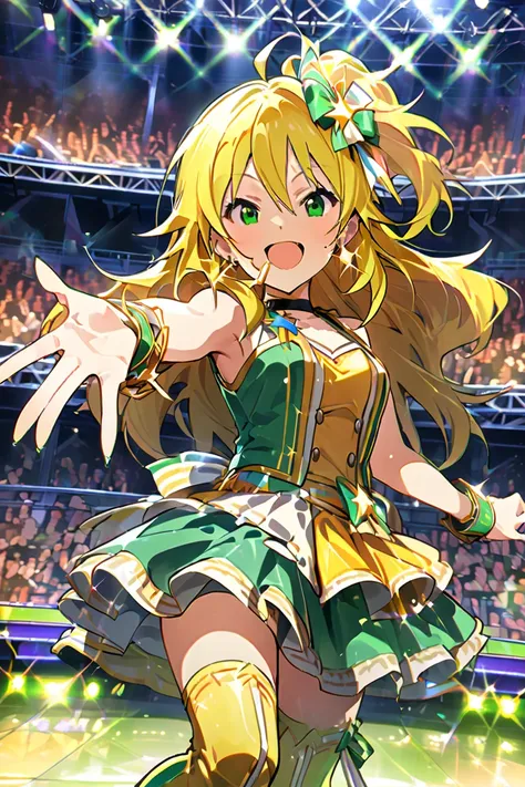 masterpiece, top quality, high resolution,Hoshii Miki, Long Golden Hair,Yellow-green idol costume, sleeveless,cuffs, medium chest, mouth,Spread one hand, long boots, choker, earrings,stupid hair, on the live stage, face me, STAND MICROPHONE,Sparkling Smile...