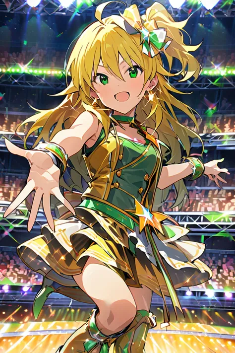 masterpiece, top quality, high resolution,Hoshii Miki, Long Golden Hair,Yellow-green idol costume, sleeveless,cuffs, medium chest, mouth,Spread one hand, long boots, choker, earrings,stupid hair, on the live stage, face me, STAND MICROPHONE,Sparkling Smile...