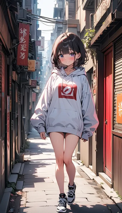 ( beautiful girl  : 1.3), 1 girl,( oversized white hoodie,thigh, sneakers), black hair, bob cut,smile,Embarrassed,blush,Narrow alley in the city,masterpiece, top quality, super high resolution, rich contrast, high definition,8k, High Definition CG Unit Wal...