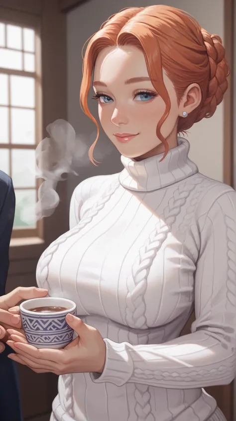 ((masterpiece)),((high resolution)),japanese girl,(curvy),ivory tight sweater,holding a cup with two hands,((look at hands)),steam,overly long sleeves,light smile,breathe out,face focus,