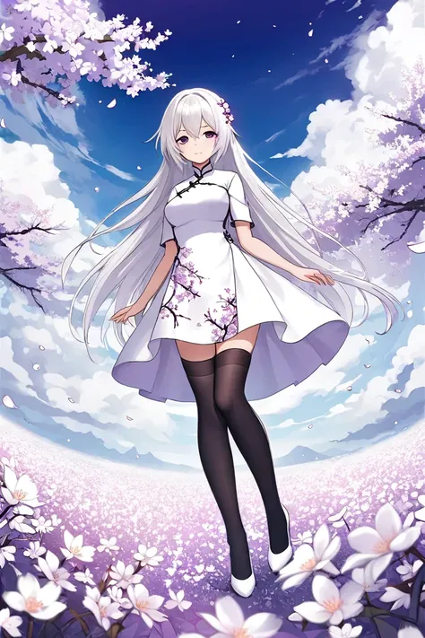 An adult girl. White hair. Purple eyes. She is wearing a white qipao dress. The dress has a purple sakura branch pattern. Black stockings. White high-heeled shoes. In full growth. She stands among a field of white flowers under the open space in the sky

