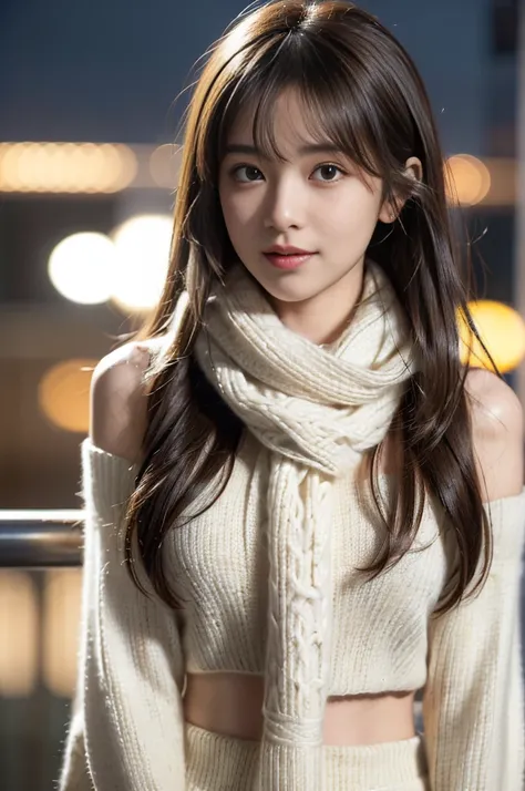  1 Japanese Girl ,( sweater :1.4),( She had a knitted scarf wrapped around her neck to cover her chin:1.5), (RAW Photos,  of the highest quality and best), (,  realism:1.4),( Focus from the thigh up), Dynamic Posture ， Supermarket skirt ，   Very Delicate B...