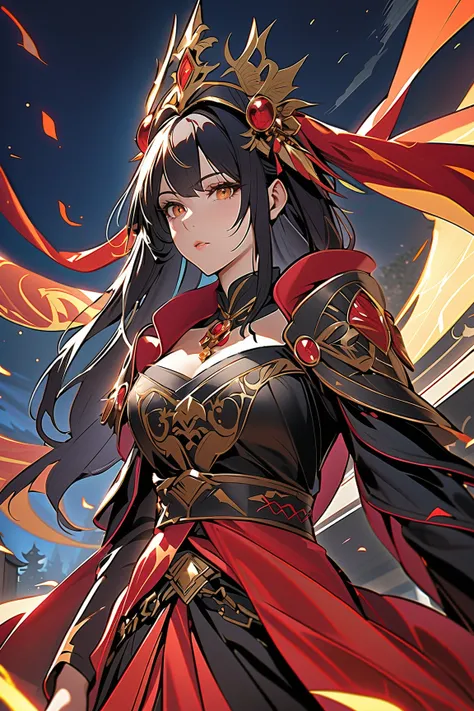 masterpiece, best quality, high resolution, dynamic angles, various angles, Japanese manga style, Japanese anime style, Western medieval fantasy style, A beautiful and mysterious woman wearing sinister ornaments of black with reddish gold inlay.