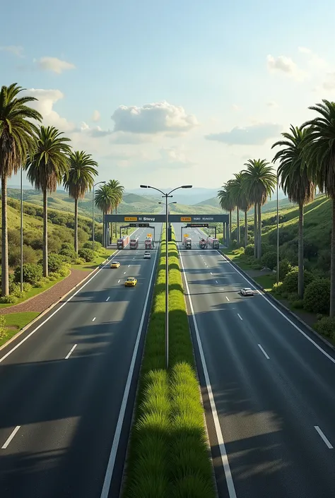 South african dual-carriageway with grassed median with street lights on the median with an approaching a toll gate system