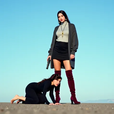  Big-breasted beauty wearing a light gray turtleneck,  long oversize cardigan to the eye of a dark gray color, Short wrap skirt of black color, dan thigh-high boots warna maroon, wear earrings and a long gold pendant necklace, holding a gun facing the came...