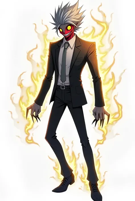  Totally gray humanoid creature ,with gray emo hair , empty black eyes and yellow pupils , with half of the right side of the face in red, black suit and gray tie , black shoes ,sharp claws,floating, happy smile with sharp white teeth ,no nose, with yellow...