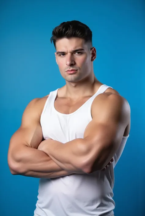 Malik Delgaty. The image is a high-resolution photograph of a confident Malik Delgaty standing against a solid blue background. He has a muscular, fit build with a light skin tone and short, dark hair styled in a neat, modern cut. He is wearing a white tan...