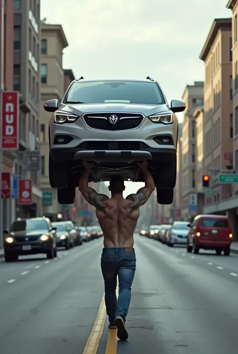 Image of a large human 3× the size of a normal human lifting a spot car in the middle of the street urban background