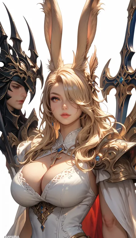 Final Fantasy Style , Takahashi Kazunari's masterpiece,   Depiction of a face expressed down to the smallest detail,  Detailed Eyes 、Detailed faces、Hair drawn down to the smallest detail 、Solo Female Viera  ,  beautiful , 32K,  enchantment, masterpiece,   ...