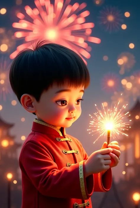 "A realistic, heartwarming scene of a small Chinese boy, around , carefully trying to light a firework during Chinese New Year celebrations. He is dressed in a traditional red and gold outfit, symbolizing luck and prosperity. The boy’s expression is focuse...