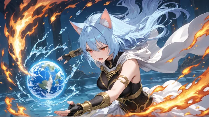 cat ears  adult girl with  blue hair,  fantasy ,   magic  ,  gold frame , fighting evil epic scene  , flame element , water element , wind element , earth element , ragnarok