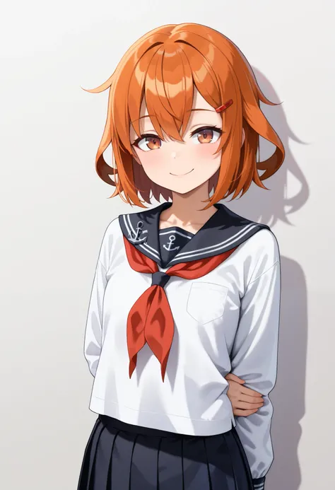  top quality,  Amazing Quality ,   very aesthetic ,   is ridiculous,
 1 girl, ikazuchi \( fleet this\),  Hair,  short hair,  brown eyes,  hair clip, tooth,
Anchor Symbol,   black sailor color,   Long Sleeve  ,  neckerchief ,  school uniform , Sera Clothing...