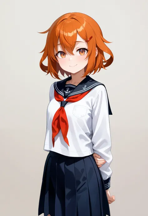  top quality,  Amazing Quality ,   very aesthetic ,   is ridiculous,
 1 girl, ikazuchi \( fleet this\),  Hair,  short hair,  brown eyes,  hair clip, tooth,
Anchor Symbol,   black sailor color,   Long Sleeve  ,  neckerchief ,  school uniform , Sera Clothing...