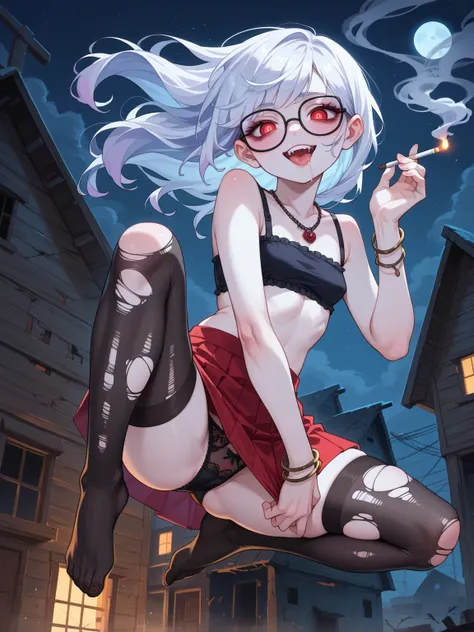 dusk, night, abandoned house, ghost girl, totally white skin, pale skin, sloopy eyes, naughty_face, saliva, red eyes, small breasts,  short skirt, torn stockings, black tube top, lingerie panties, glasses, bracelets and a necklace, smoking blunt, light blu...