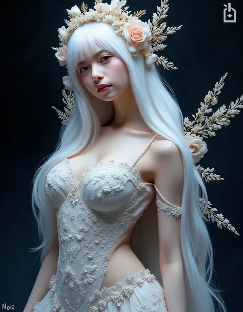 Image of flowers of hope, (skeleton like:1.3), ((female ornated princess)), (with Long, flowing, pure white straight hair), (beautiful bright blue eyes), Huge breasts, cleavage, (erect nipples), slender body, abs, curvy body, bare buttocks, trends on Art S...