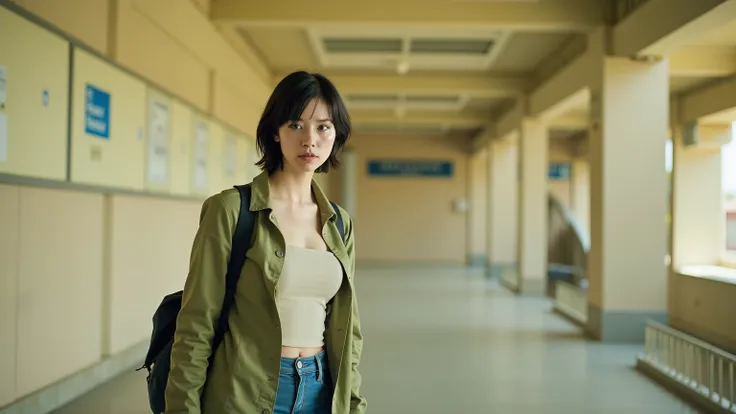 A young woman with short, dark hair, stands in a subway station. Positioned slightly to the left of center in the frame, she is captured from a three-quarter view, facing slightly to her right. Her expression is neutral, and she wears a light olive-green, ...