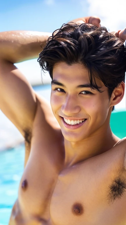 male Age 18 swimwear lifeguard topless smile handsome hawaii looking at the camera shining eyes japanese whole body armpit hair