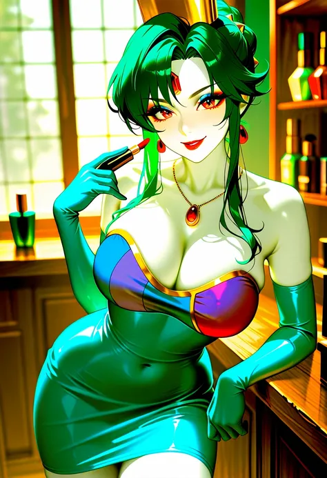   score_9,  score_8_  up,  score_7_  up, masterpiece,   high resolution,   glittering clothes  ,   1 girl, Atsugesho, ,   green hair,   white skin, Red gem on forehead, 、 I have 1 tube of lipstick near my lips, Red lipstick,   eyeshadow, long eyelashes, , ...