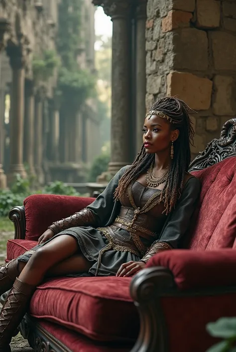    A cute black woman is sitting                          、                           lying on a luxurious couch wearing an ancient Viking costume       、             、Inside the ruins、   lying on a luxurious sofa                