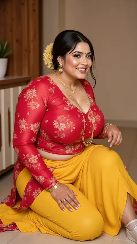 I am 40 year old plus size tall and big giant indian muslim women, looking like indian actress hansika motwani, wearing a gold boarded short hand full length side slit open red floral kurti ,and shining reflective glossy yellow mid-khalf length capri leggi...