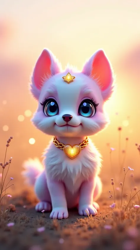 A small, magical fantasy dog with photorealistic details that instantly wins hearts. The dog is tiny, about the size of a rabbit, with incredibly soft, fluffy fur that shimmers in soft pastel colors - a mix of pink, creamy white and delicate sky blue. The ...