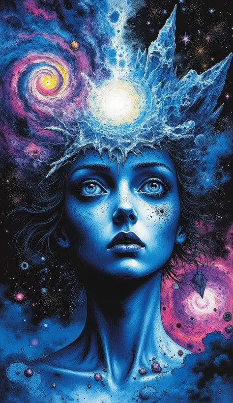 Cosmic, unearthly portrait of a woman. with pronounced impressionistic features against the background of the nebula.  The figure has heavenly, otherworldly features, and her deep blue eyes look directly at the viewer.  Her skin is a cool, muted blue color...