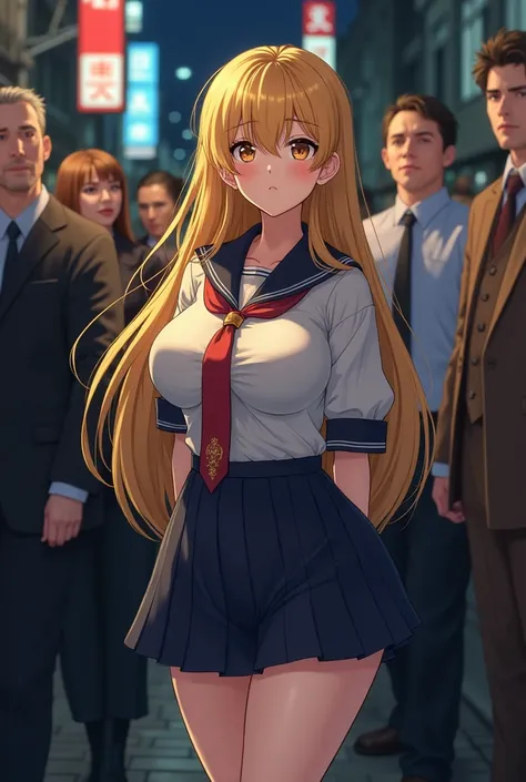 big tits,melon tits,huge tits,big butt,super mini skirt,solo anime style asiangirl,anime,golden long hair,maked up, school uniform,crowd,surrounded by fat old man,smileing vulgar,looking at viewer, dark night,narrow back street,waste,gorgeous,