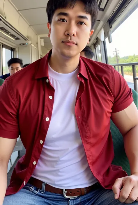  Realistic, Realistic, Natural Light , 17-year-old handsome Korean man , Wearing a red , There is a white t-shirt inside , Jeans ,  brown belt , Sitting on the side of the aisle 