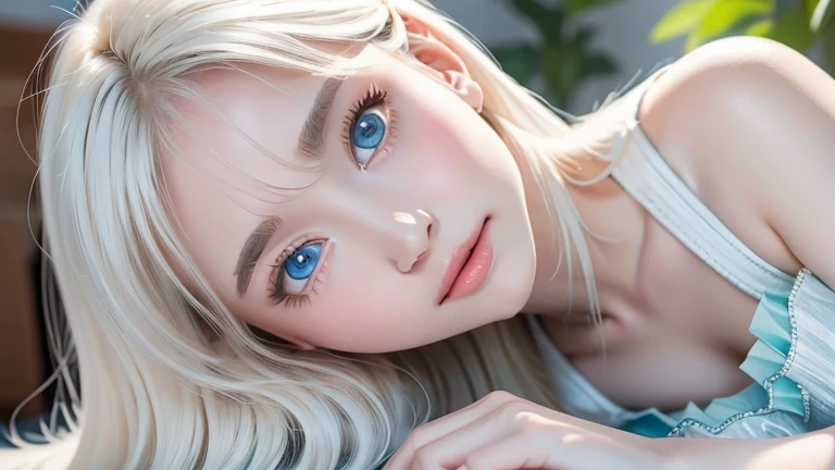  top quality、 super high resolution、 photos、かわいい美しい女の子の photos、 Detailed Cute and Beautiful Face 、( pure eros face _v1:0.008)、 white frills Apollo 、、Very beautiful white shiny skin 、bangs、 very beautiful platinum blonde super long straight silky hair 、 bea...